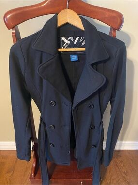 Sebby Black Double-Breasted Peacoat with Waist Tie